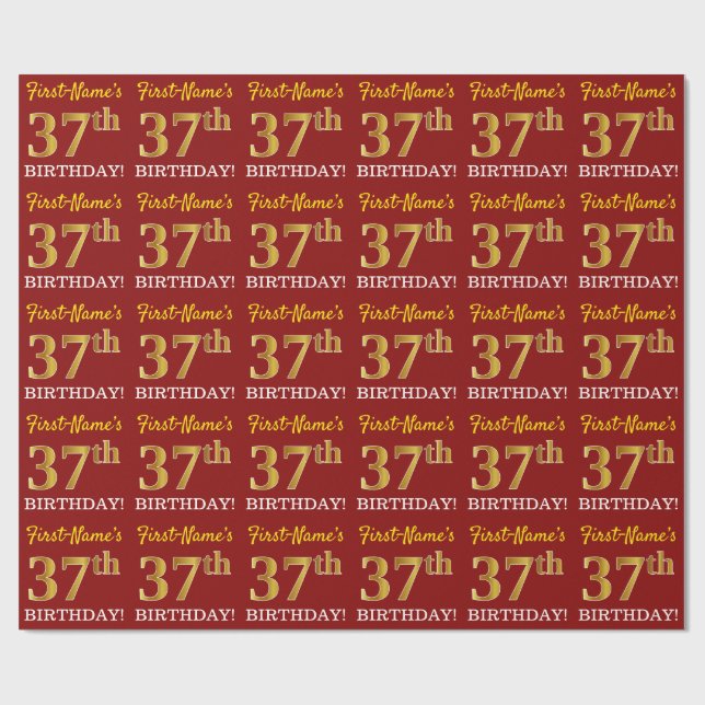 Red, Imitation Gold Look "37. BIRTHDAY" Geschenkpapier (Flach)