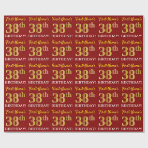 Red, Imitation Gold Look "38. BIRTHDAY" Geschenkpapier