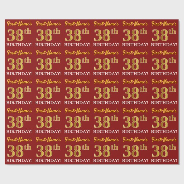 Red, Imitation Gold Look "38. BIRTHDAY" Geschenkpapier (Flach)
