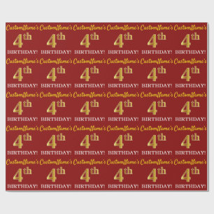 Red, Imitation Gold Look "4. BIRTHDAY" Geschenkpapier