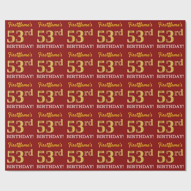 Red, Imitation Gold Look "53. BIRTHDAY" Geschenkpapier (Flach)
