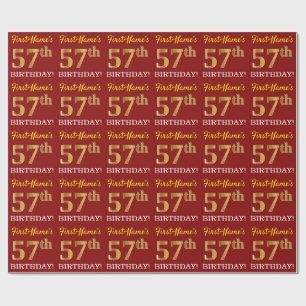 Red, Imitation Gold Look "57. BIRTHDAY" Geschenkpapier