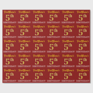 Red, Imitation Gold Look "5. BIRTHDAY" Geschenkpapier