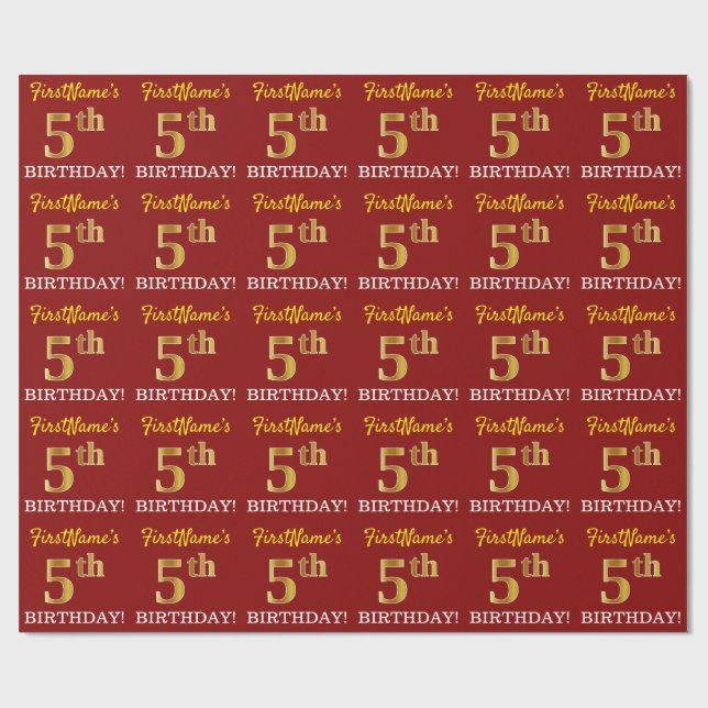 Red, Imitation Gold Look "5. BIRTHDAY" Geschenkpapier (Flach)