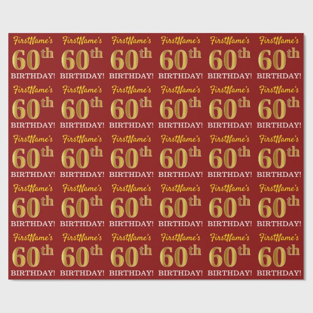 Red, Imitation Gold Look "60. GEBURTSTAG" Geschenkpapier (Flach)