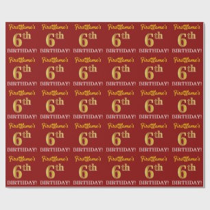 Red, Imitation Gold Look "6. BIRTHDAY" Geschenkpapier