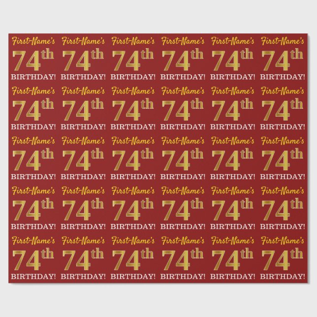 Red, Imitation Gold Look "74. GEBURTSTAG" Geschenkpapier (Flach)