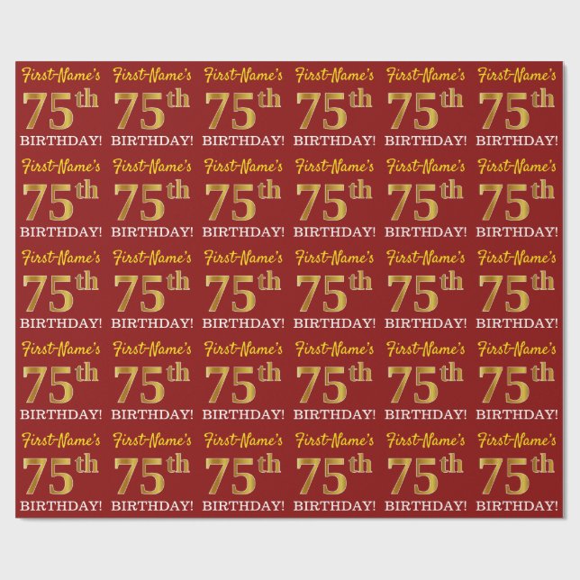 Red, Imitation Gold Look "75. GEBURTSTAG" Geschenkpapier (Flach)