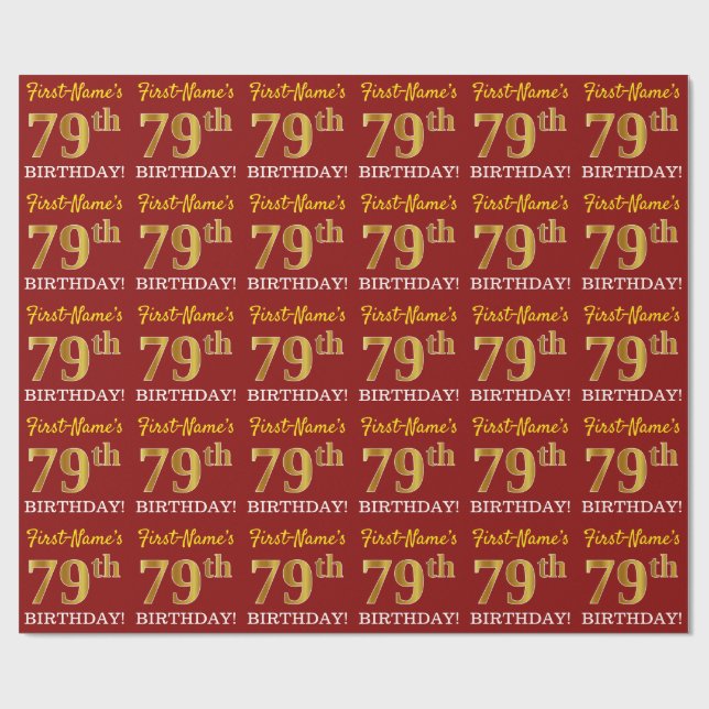 Red, Imitation Gold Look "79. GEBURTSTAG" Geschenkpapier (Flach)