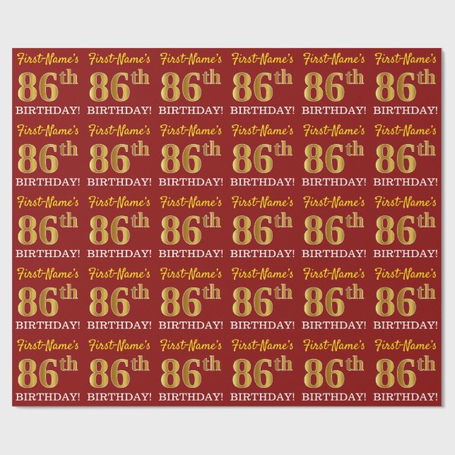 Red, Imitation Gold Look "86. GEBURTSTAG" Geschenkpapier (Flach)