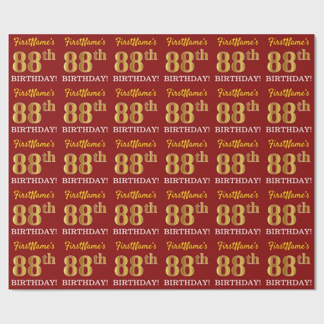 Red, Imitation Gold Look "88. BIRTHDAY" Geschenkpapier (Flach)