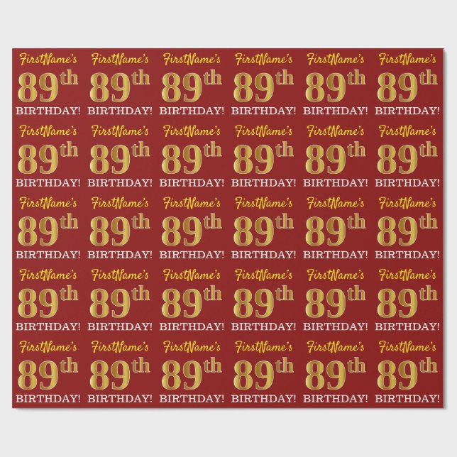 Red, Imitation Gold Look "89. GEBURTSTAG" Geschenkpapier (Flach)