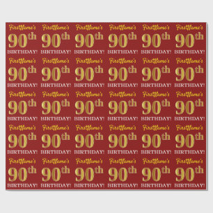 Red, Imitation Gold Look "90. GEBURTSTAG" Geschenkpapier