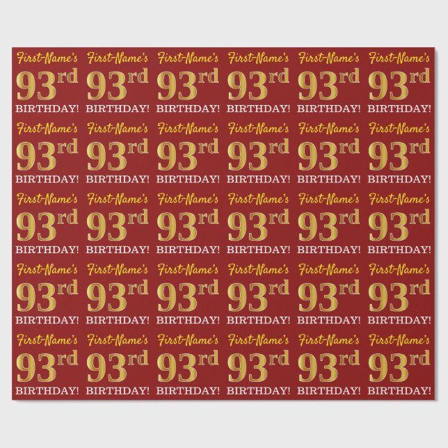 Red, Imitation Gold Look "93. BIRTHDAY" Geschenkpapier (Flach)