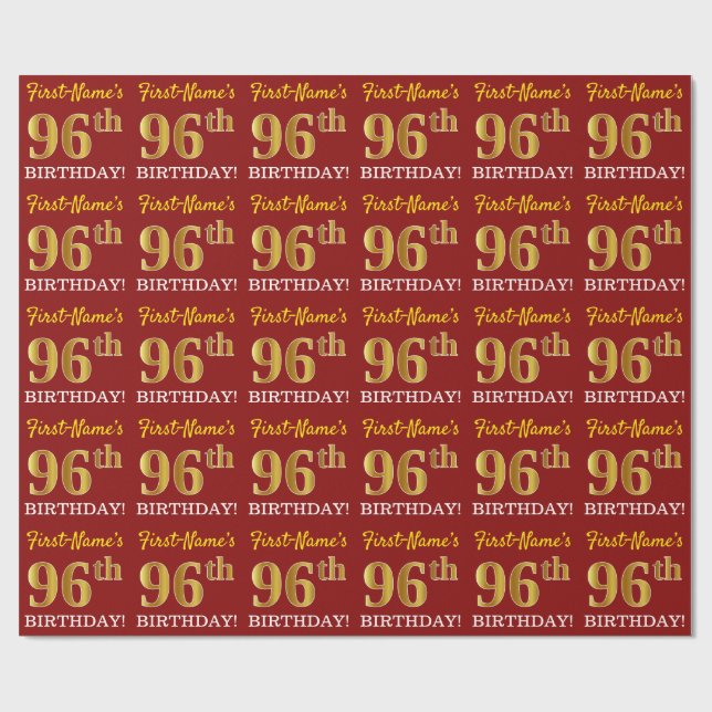 Red, Imitation Gold Look "96. BIRTHDAY" Geschenkpapier (Flach)