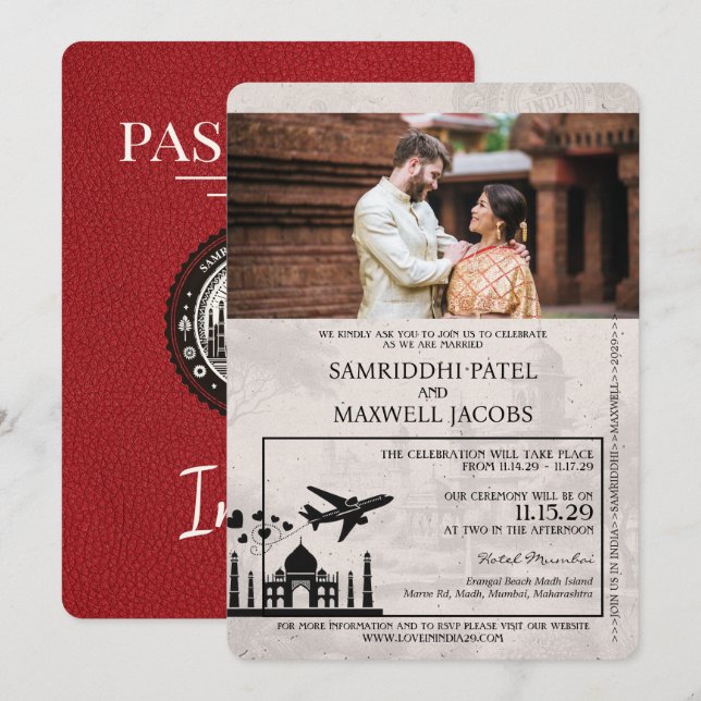 Red India Passport Hochzeitseinladung Einladung (Vorne/Hinten)