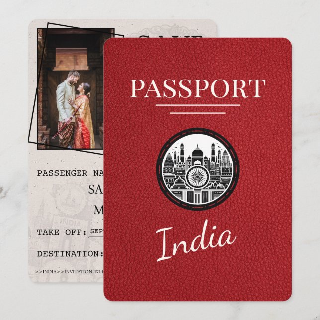Red India Passport Save the Date (Vorne/Hinten)