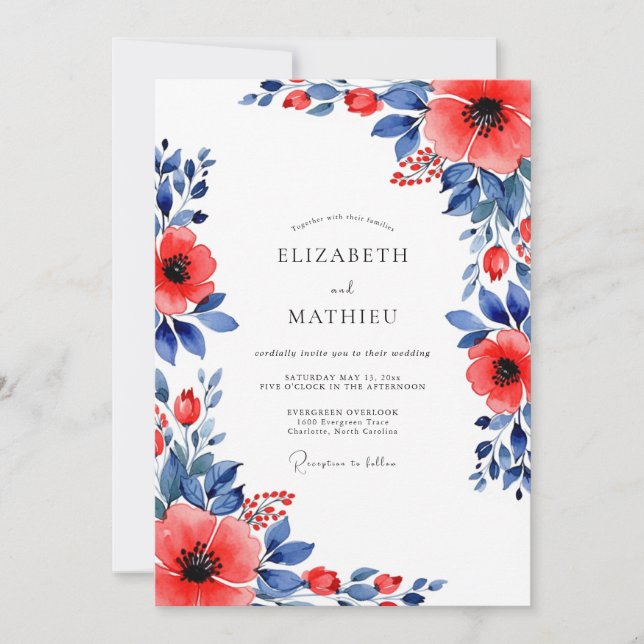 Red Indigo Botanical Summer Wedding Einladung (Vorderseite)