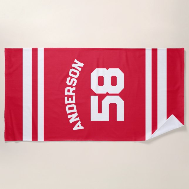 Red Individuelle Name & Number Sports Fan Strandtuch (Vorderseite)