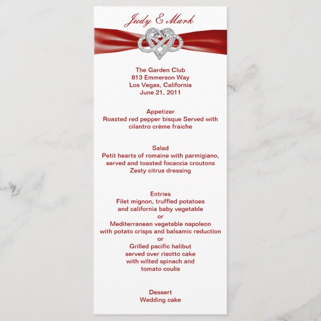 Red Infinity Heart Wedding Menu Card Menükarte (Vorderseite)