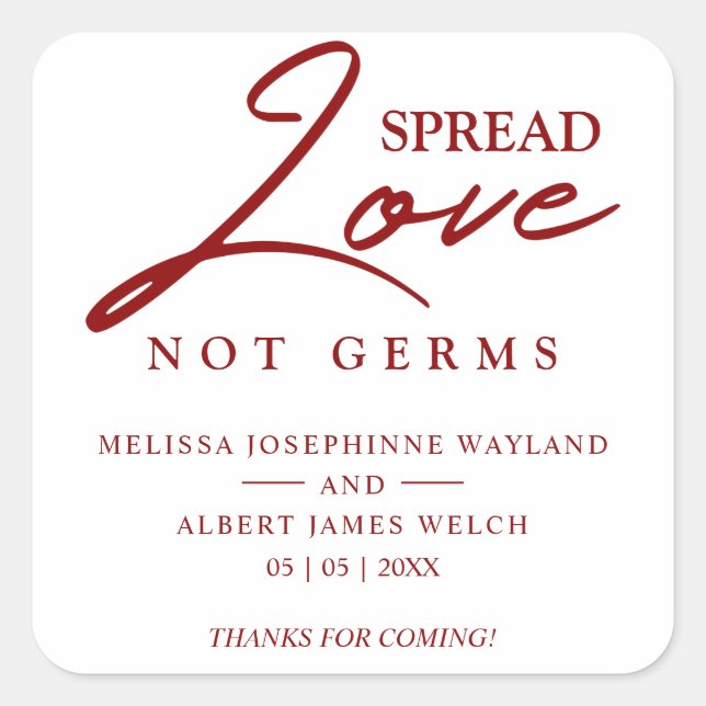 Red Inspirational Quote Wedding Sanitizer Hand Gel Quadratischer Aufkleber (Vorderseite)