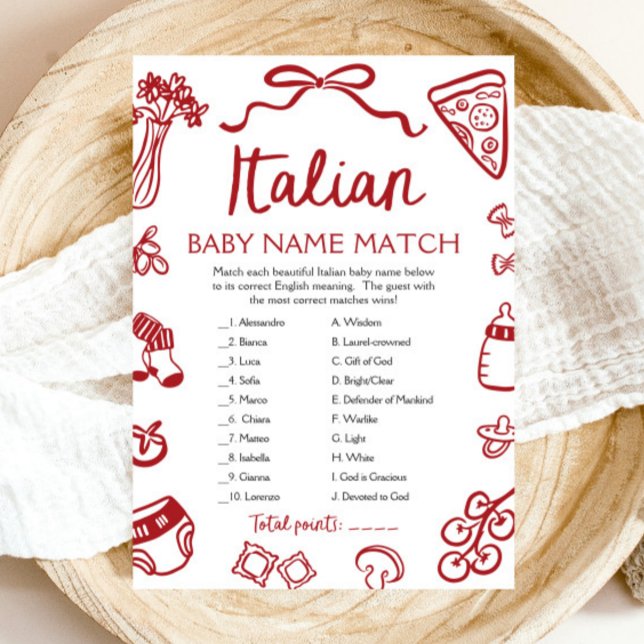 Red Italian Baby Name Match Baby Shower Game Einladung (Red Italian Baby Name Match Baby Shower Game)