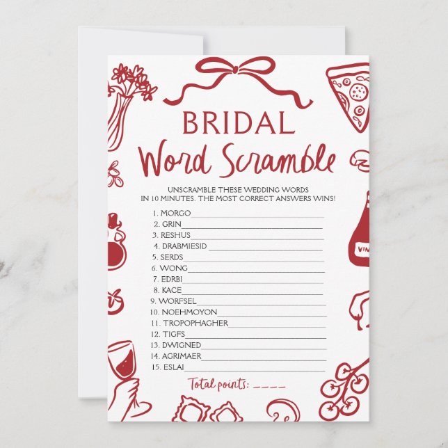 Red Italian Hand Drawing Bridal Word Scramble Game Einladung (Vorderseite)