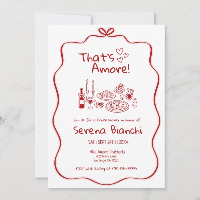 Red Italian Pasta and Pizza Doodles Bridal Einladung (Vorderseite)