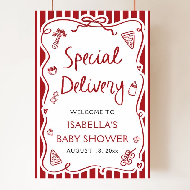 Red Italian Special Delivery Baby Dusche Willkomme Poster (Hand Drawn Italian Special Delivery Baby Shower Welcome Sign)