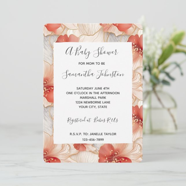 Red Ivory Coral Floral Baby Dusche Einladung (Stehend Vorderseite)