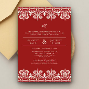 Red Ivory Damask Border Anand Karaj Sikh Wedding Einladung