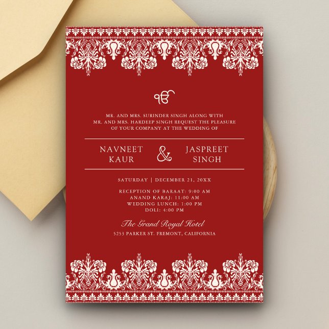Red Ivory Damask Border Anand Karaj Sikh Wedding Einladung (Von Creator hochgeladen)