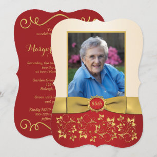 Red, Ivory, Gold 65th Photo Birthday Invitation 2