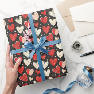 Red & Ivory Hearts on Black Geschenkpapier