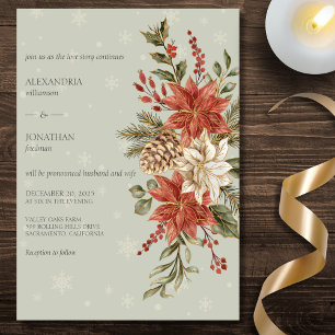 Red & Ivory Poinsettias - Snow on Sage Wedding Einladung