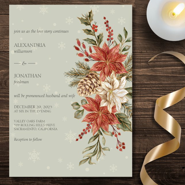 Red & Ivory Poinsettias - Snow on Sage Wedding Einladung (Von Creator hochgeladen)