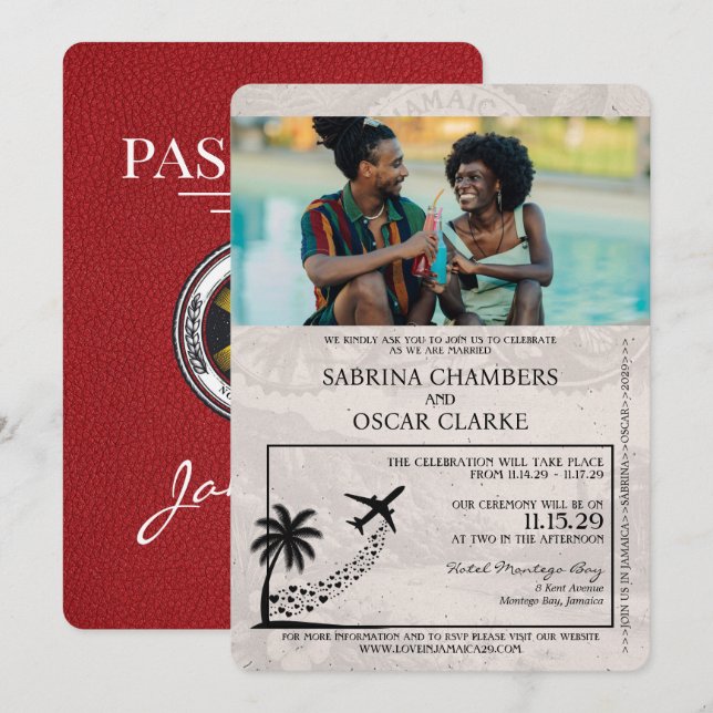 Red Jamaica Passport Hochzeitseinladung Einladung (Vorne/Hinten)