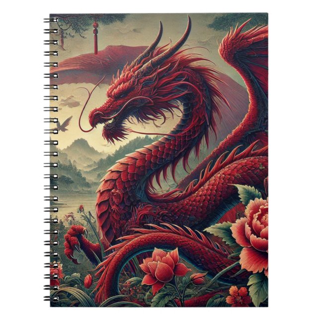 Red Japanese Spiral Notebook | Asiatisch elegant Notizblock (Vorderseite)