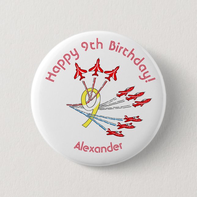 Red Jet Flugzeug - 9. Geburtstag Abzeichen Button (Vorderseite)