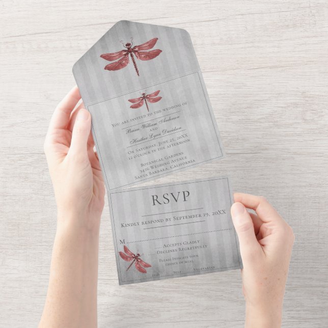 Red Jeweled Dragonfly Wedding All In One Einladung (Abreißen)