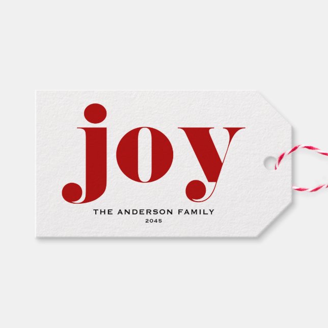 Red JOY Bold Typografy Moderne Weihnachten Geschenkanhänger (Vorderseite (Horizontal))
