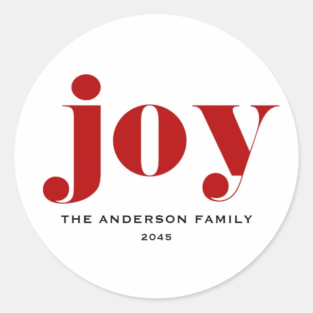 Red JOY Bold Typografy Moderne Weihnachten Runder Aufkleber (Vorderseite)