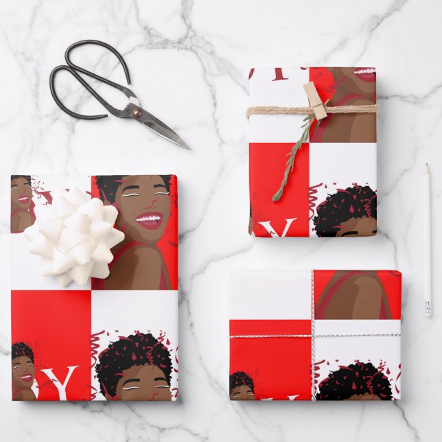 Red Joy Confetti Wrapping Paper Flat Sheets Geschenkpapier Set (Vorderseite)