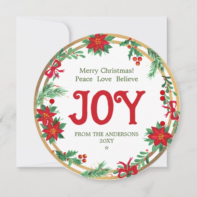 Red Joy Poinsettia Wreath Carte de Noël (Devant)
