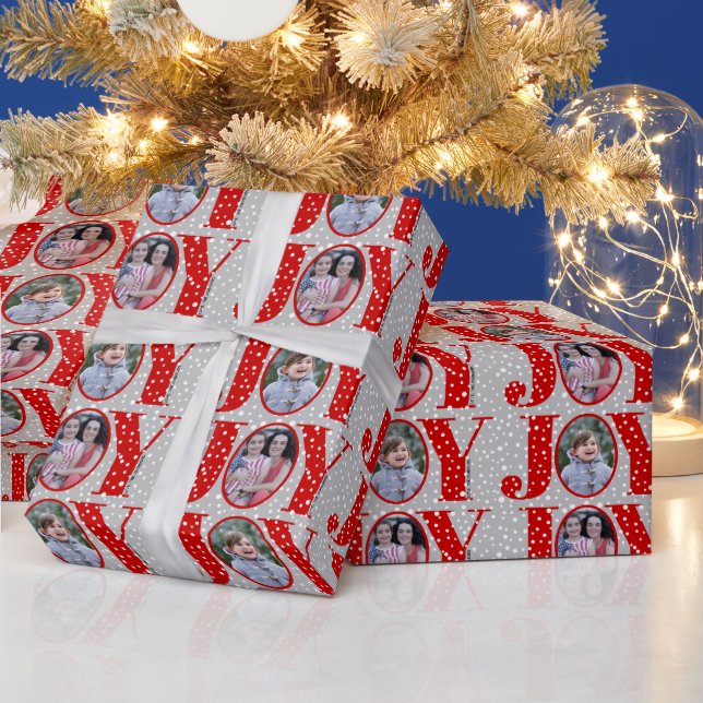 Red JOY und Schneeflocken grau zwei Foto Weihnacht Geschenkpapier (Feiertage)