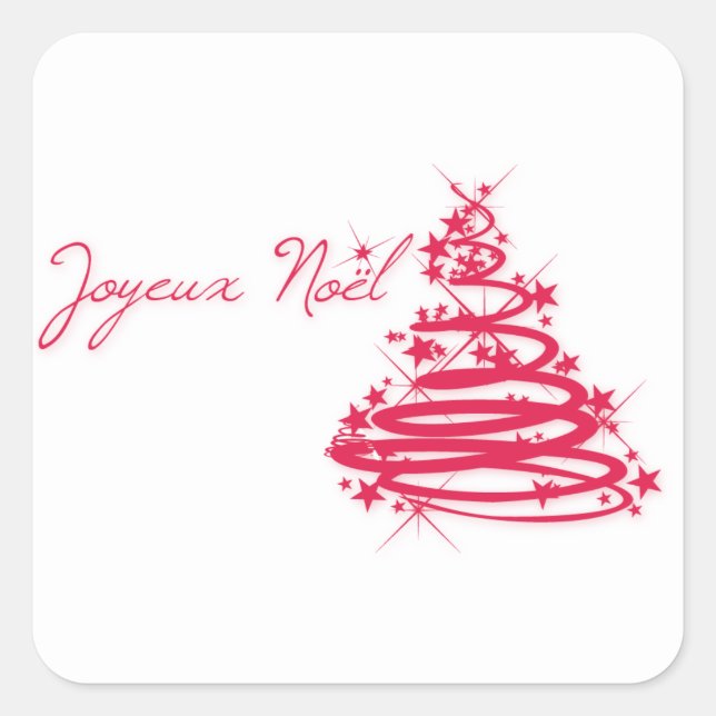 Red Joyeux Noël mit Weihnachtsbaum Quadratischer Aufkleber (Vorderseite)