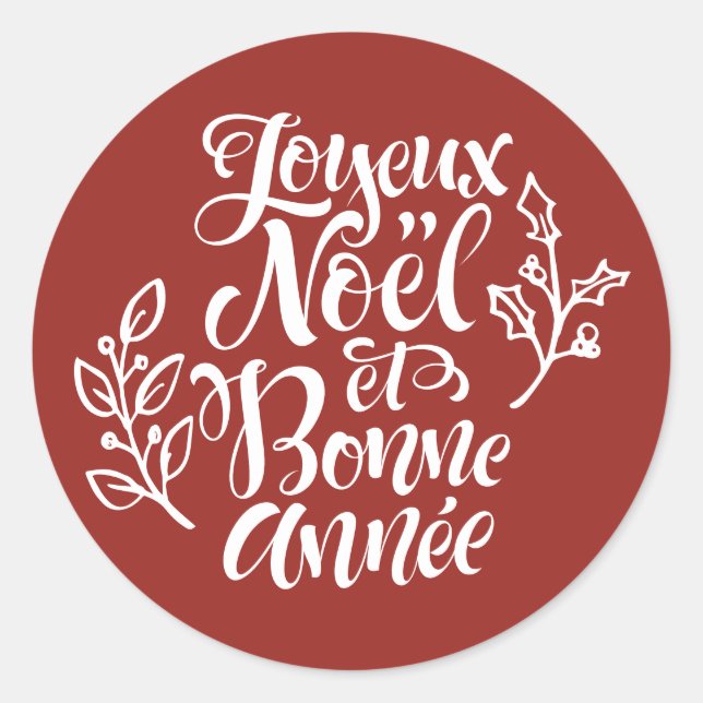 Red Joyeux Noël und Bonne Année Weihnachten Runder Aufkleber (Vorderseite)