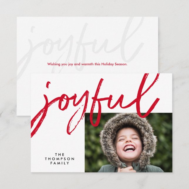Red Joyful typography Modern Christmas Foto Karte (Vorne/Hinten)