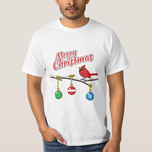 Red Kardinal auf Christmas Bare Branch - Merry Xma T-Shirt (Vorderseite)