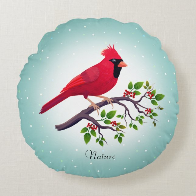 Red Kardinal Bird auf Aquamarin Rundes Kissen (Vorderseite)